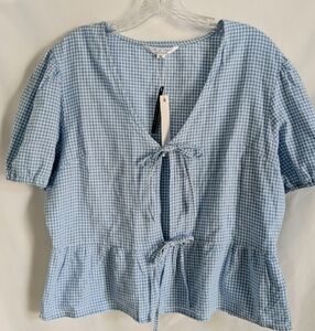 Live 4 Truth Blue White Gingham Tie Front Peplum Blouse Short Sleeve XL
